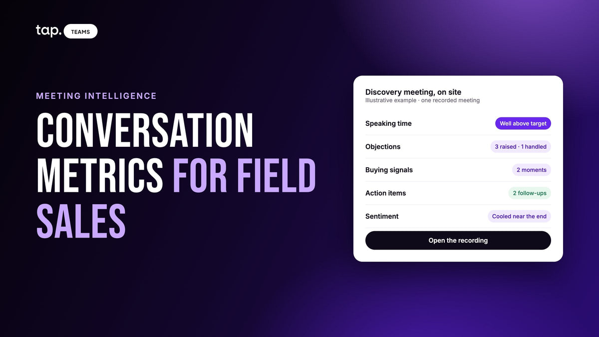 Sales conversation metrics for field sales: talk ratio, objections, buying signals and next steps from one recorded meeting