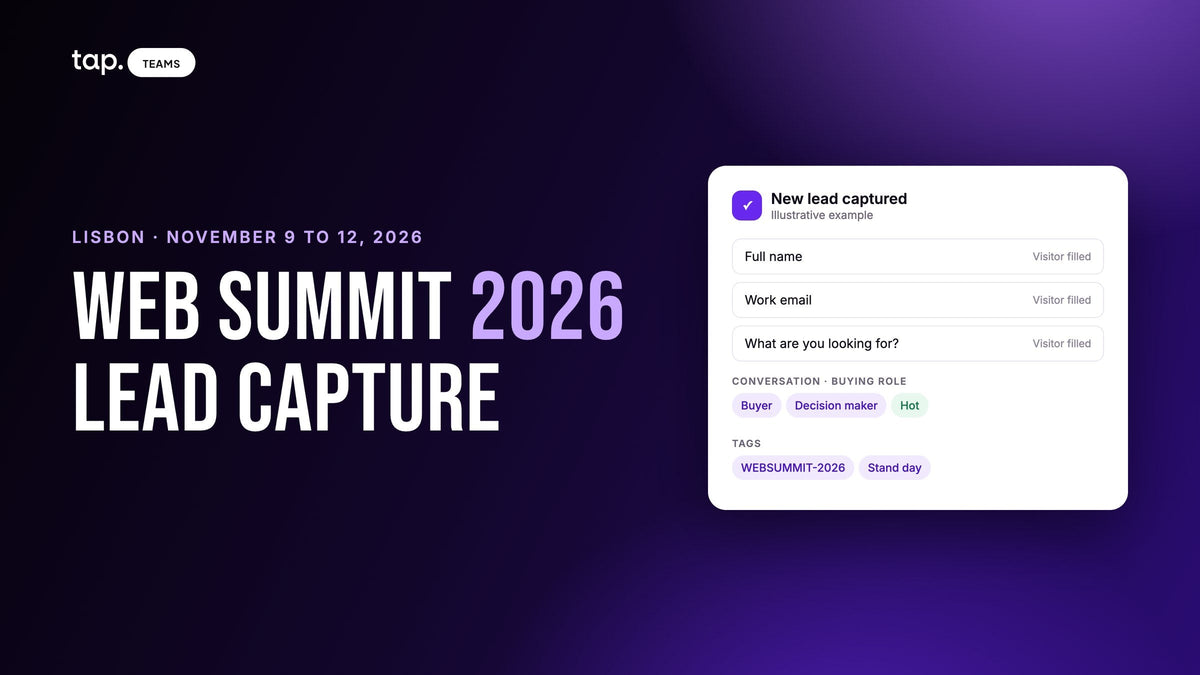Web Summit 2026 lead capture, Lisbon, November 9 to 12: a new lead captured with the visitor's name, work email and what they're looking for, marked Buyer, Decision maker and Hot, and tagged WEBSUMMIT-2026