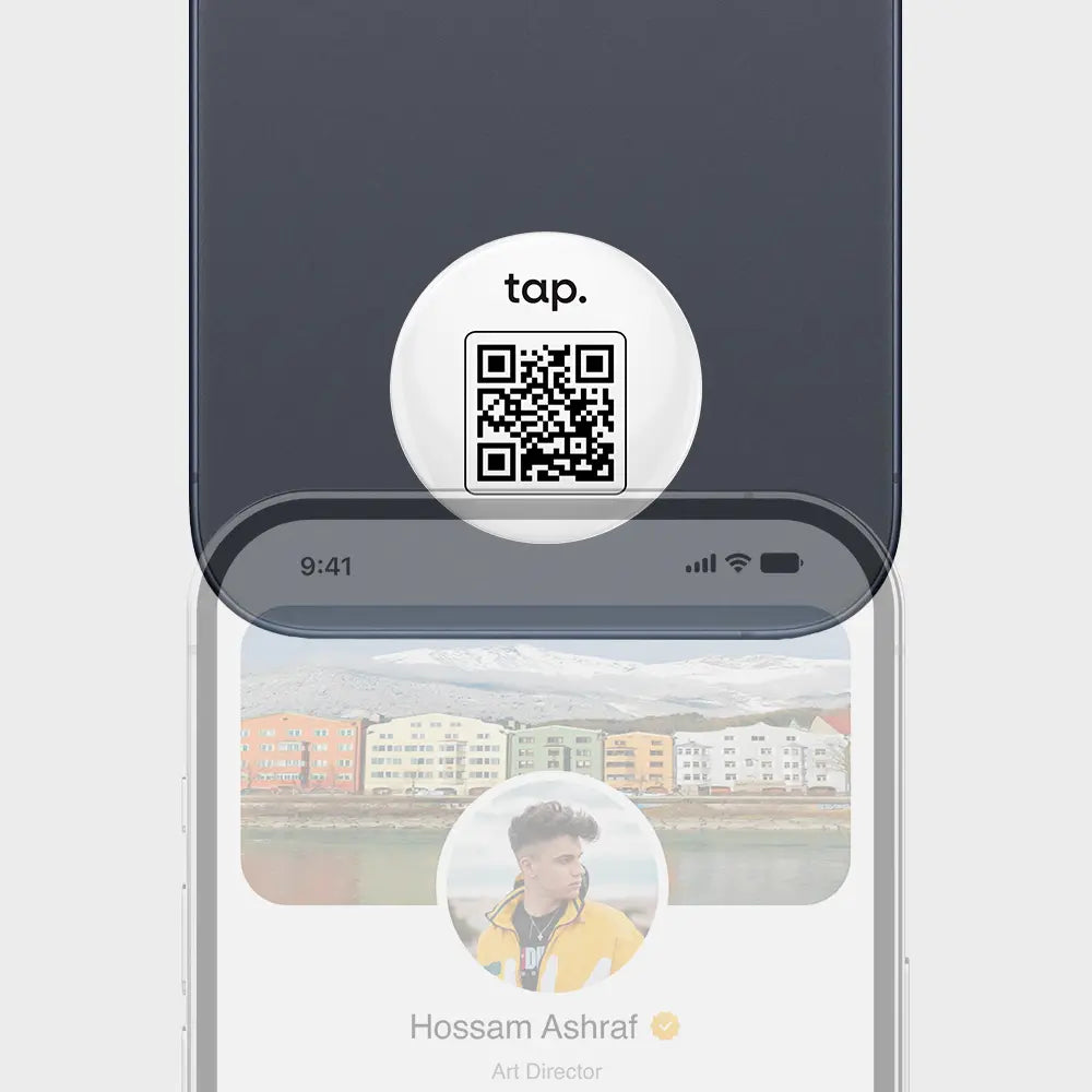 Smartphone with attached digital business card showing a QR code