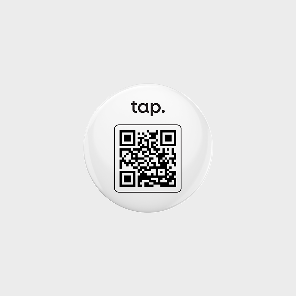 Round white digital business card with QR code on it