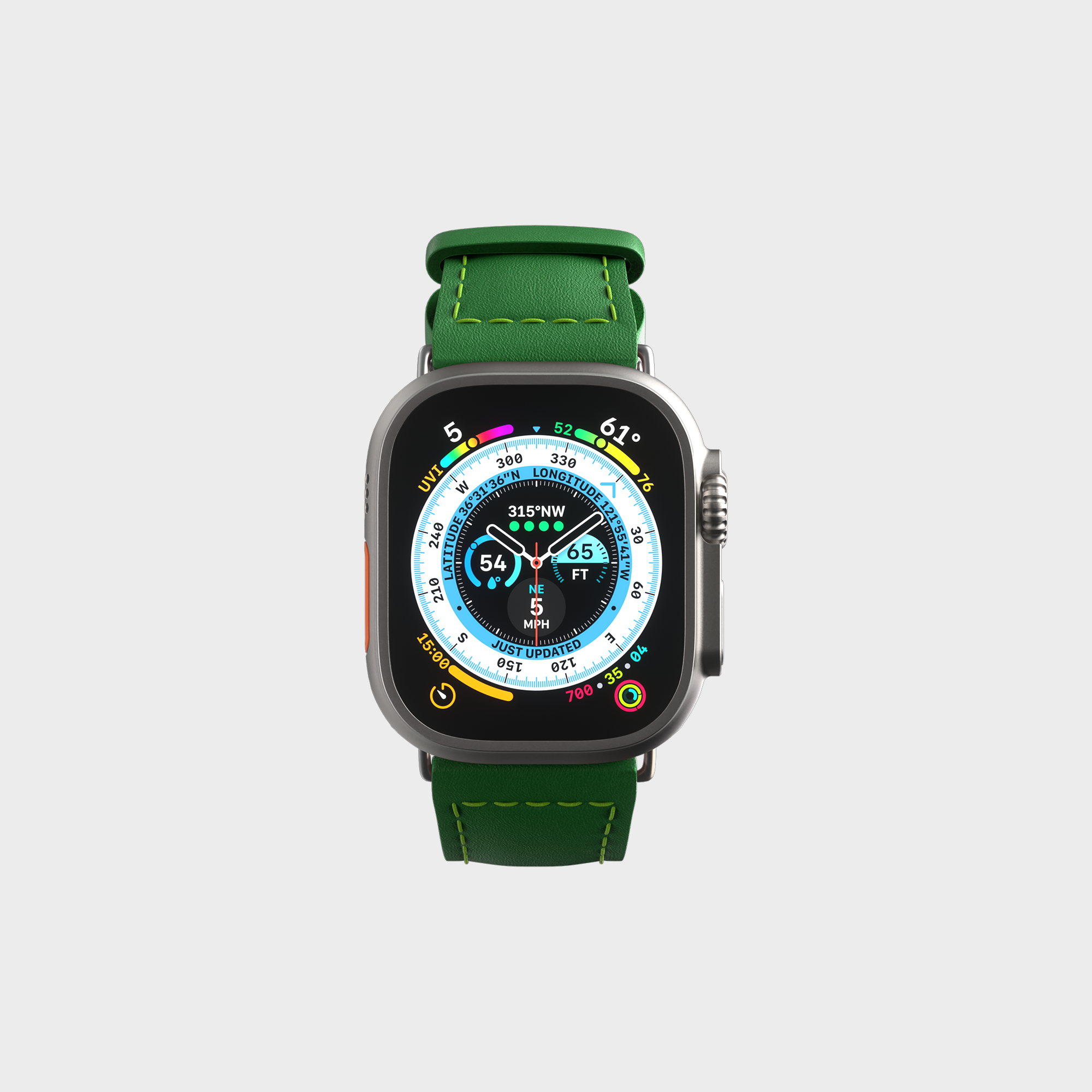 Front view of a smartwatch with green strap displaying weather compass app on white background"