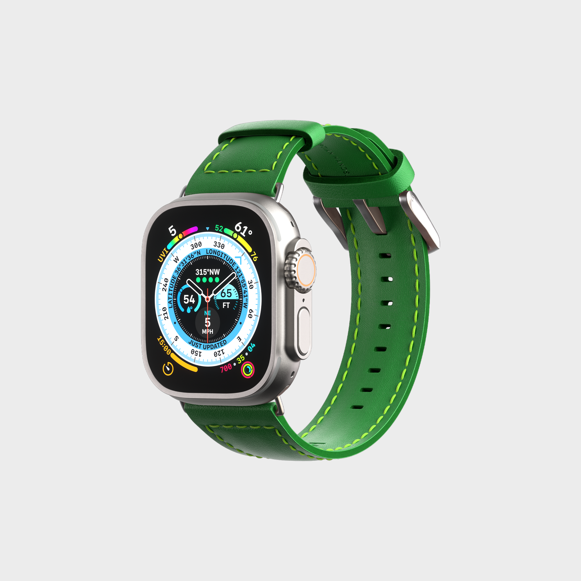 Smartwatch with green strap and digital compass display on white background.