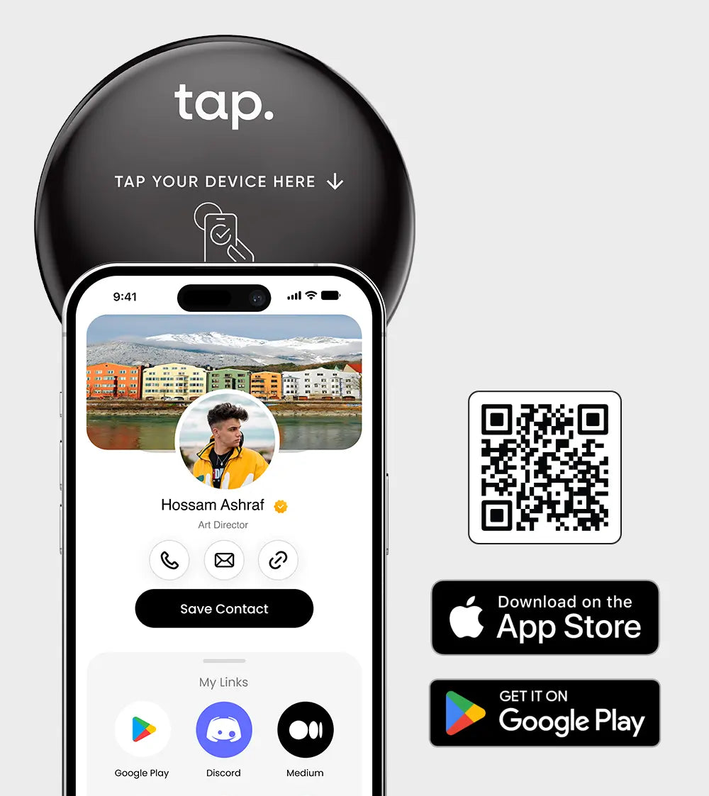 Digital NFC business card on a smartphone displayed under a 'tap' device, with QR code and app download buttons.