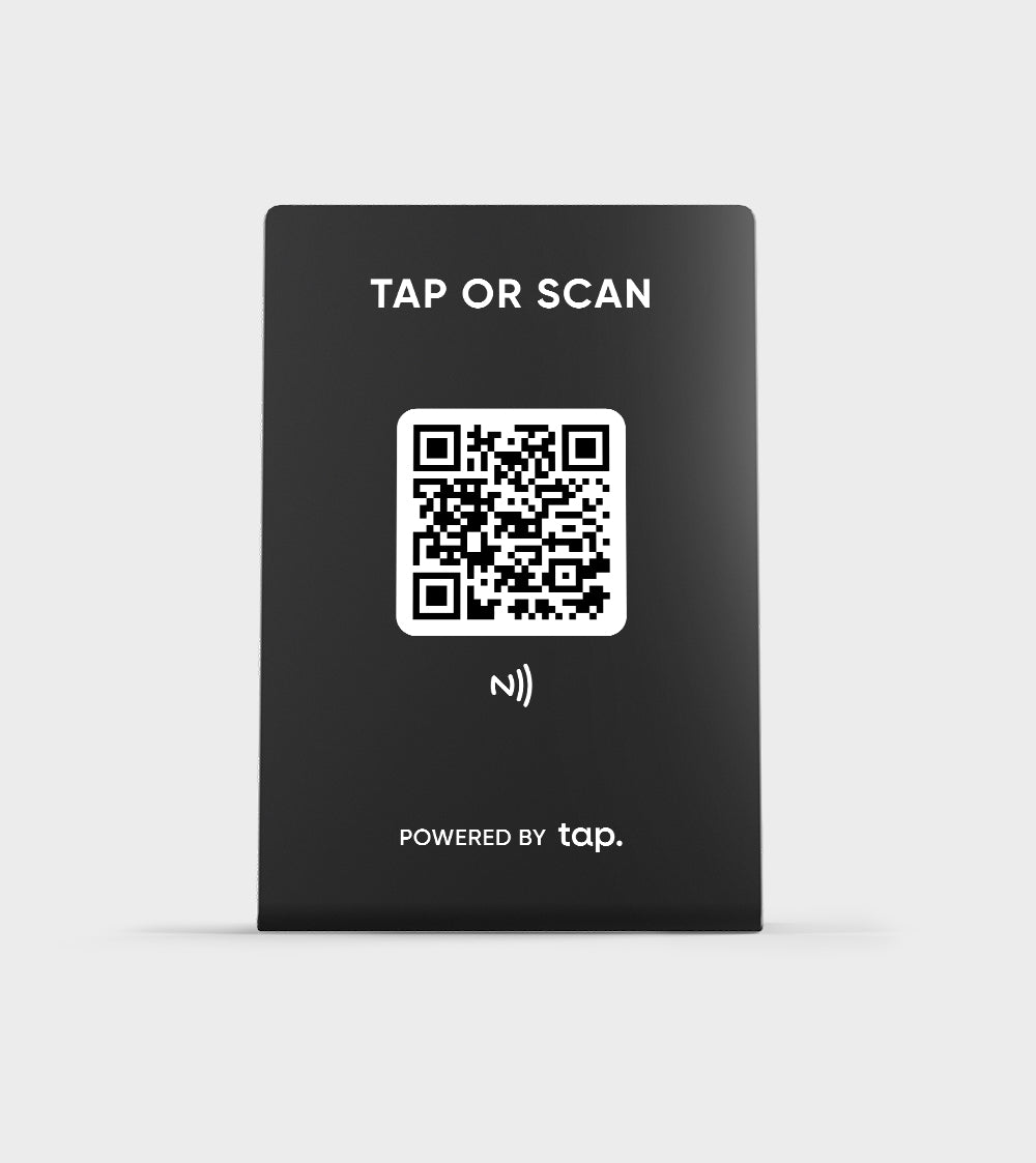 Black NFC-enabled card with QR code and Tap or Scan" text for contactless information sharing.