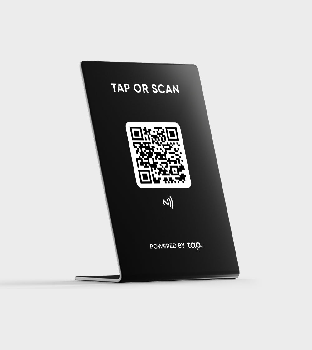 Modern NFC-enabled black stand with QR code for contactless information sharing.