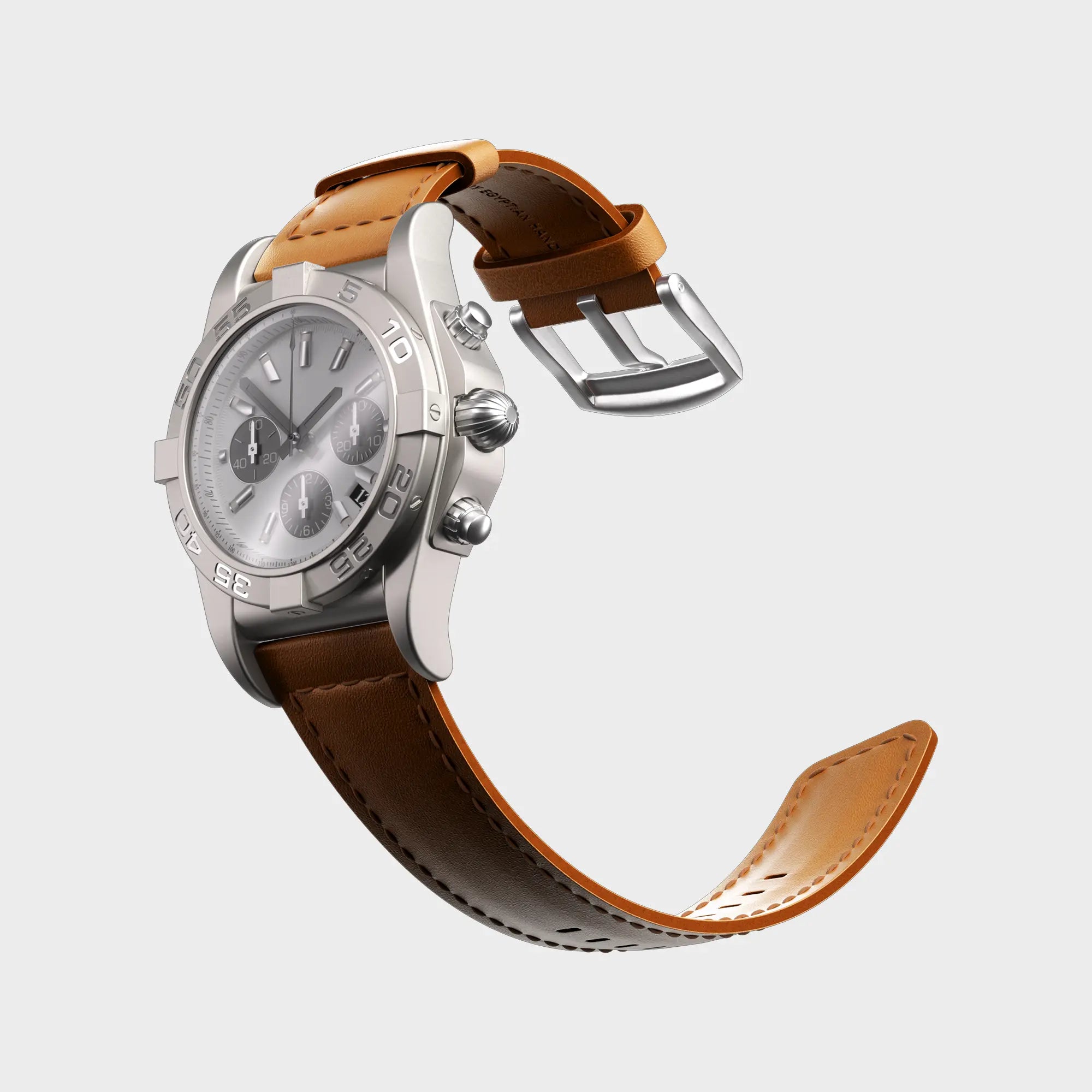 Luxury silver chronograph watch with tan leather strap and date function on white background.