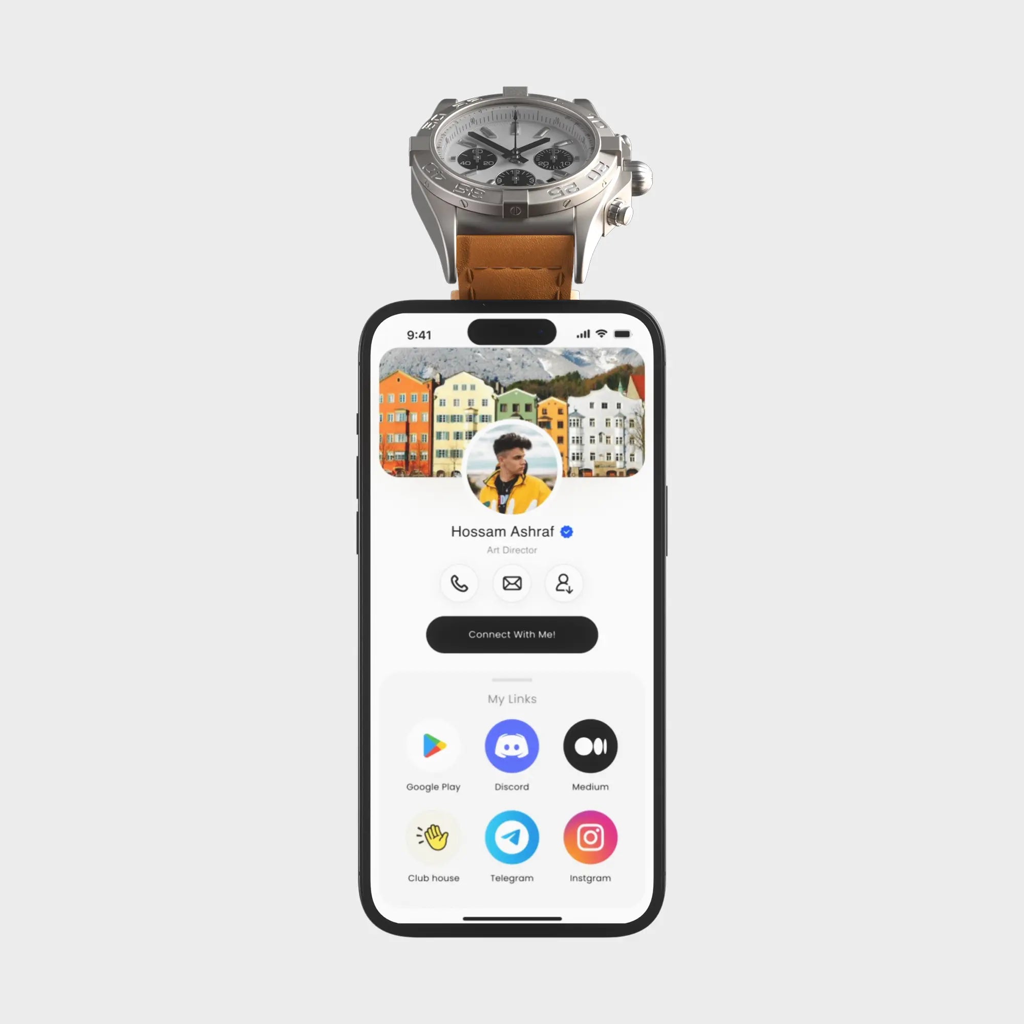 Smartphone with social profile on screen and luxury watch on top, digital networking concept.