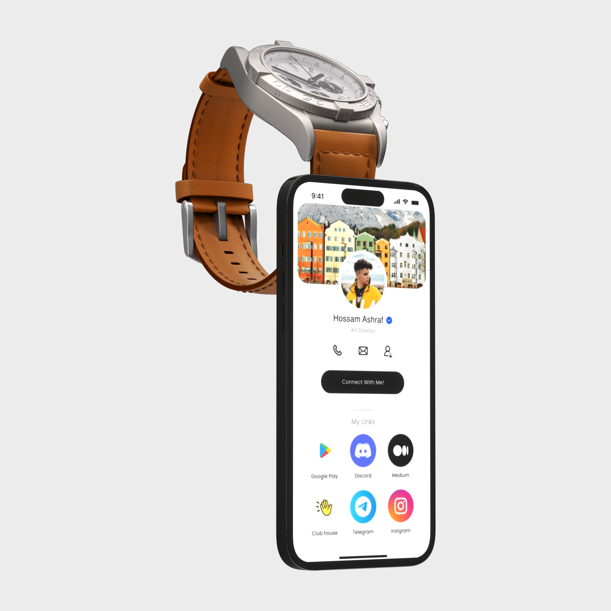 Luxury wristwatch beside a smartphone displaying a social profile and apps.