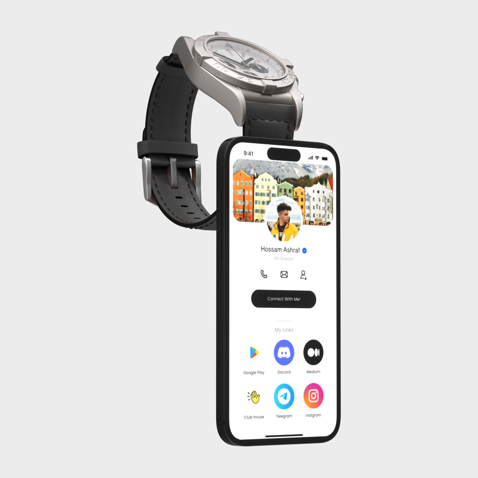 Luxury watch resting on a smartphone displaying social media profile and apps.