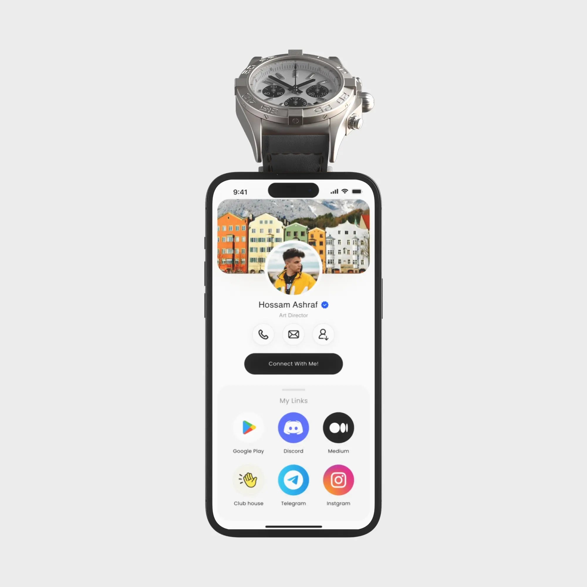 Smartphone with personal profile interface and luxury watch overlay, digital-social fusion concept.