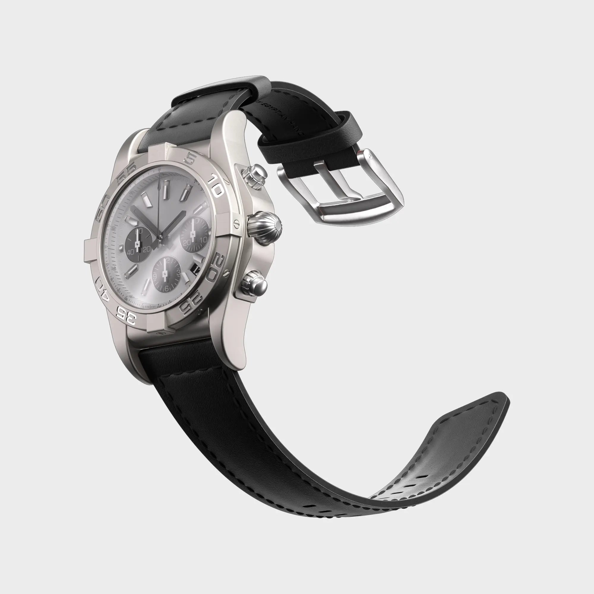 Luxury chronograph watch with stainless steel case, black leather strap, and silver dial.