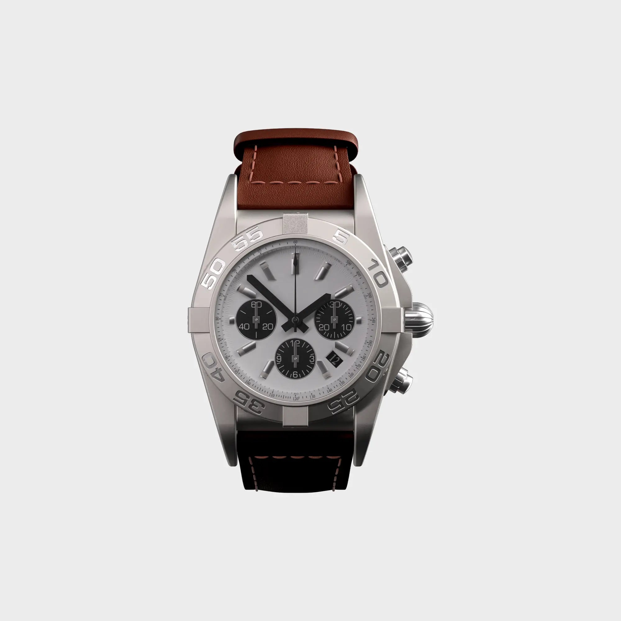 Stainless steel chronograph watch with brown leather strap on white background.