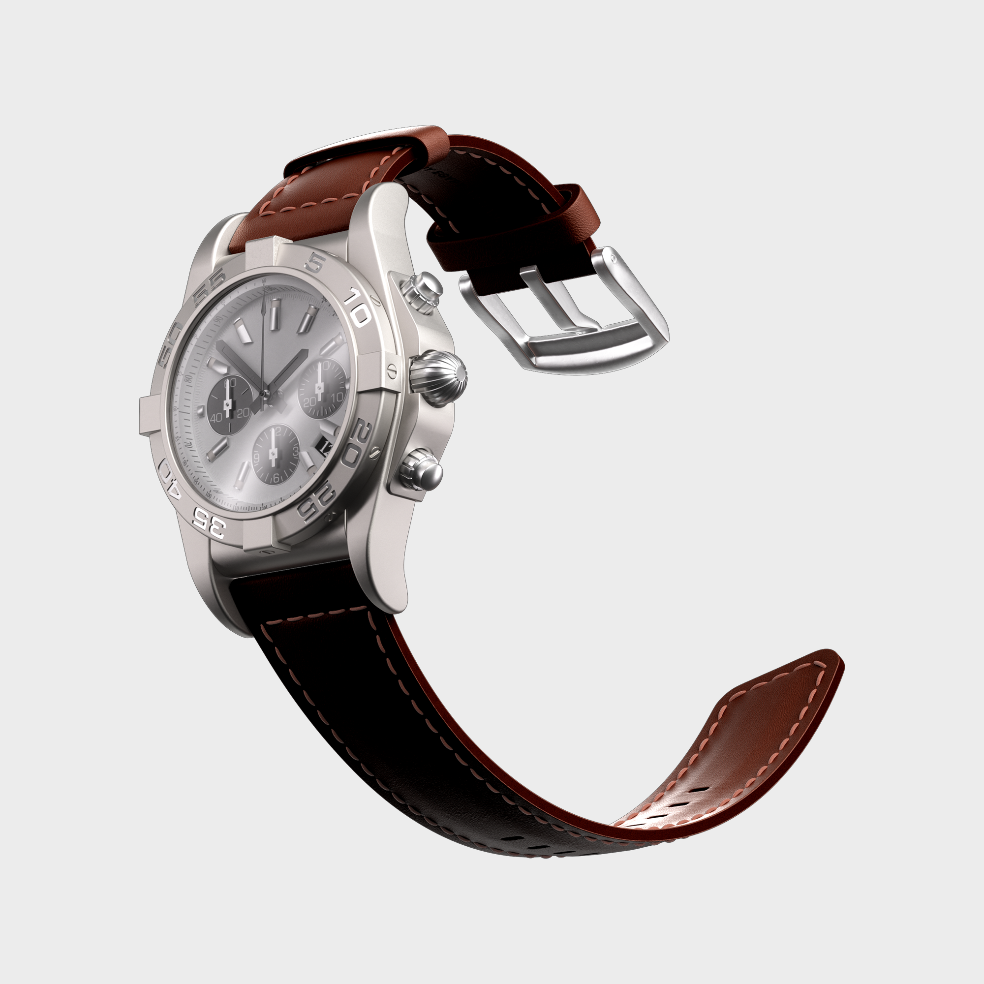 Luxury chronograph silver watch with brown leather strap on white background.