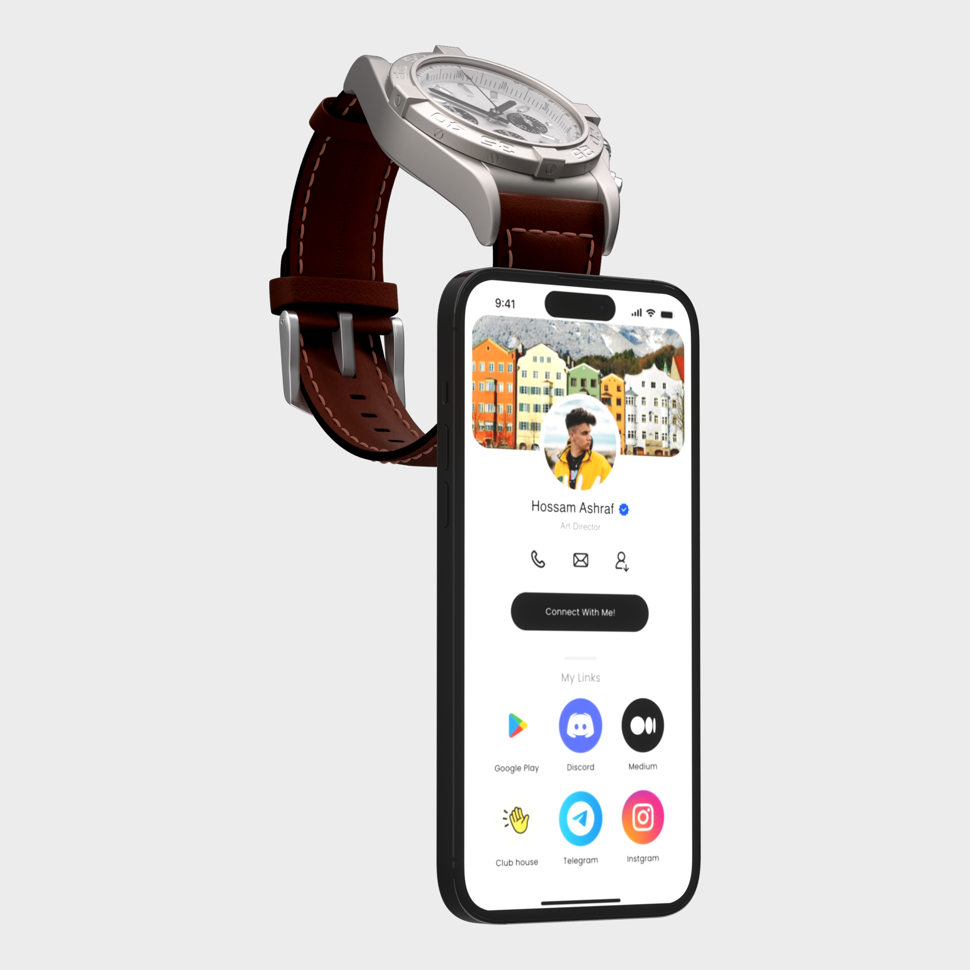 Luxury wristwatch paired with a smartphone displaying a personal profile and social media apps.