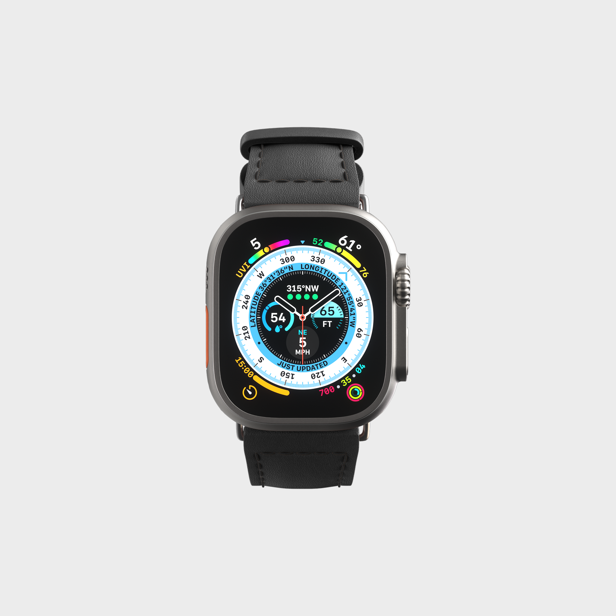 Smartwatch with black strap displaying colorful compass interface isolated on white background.