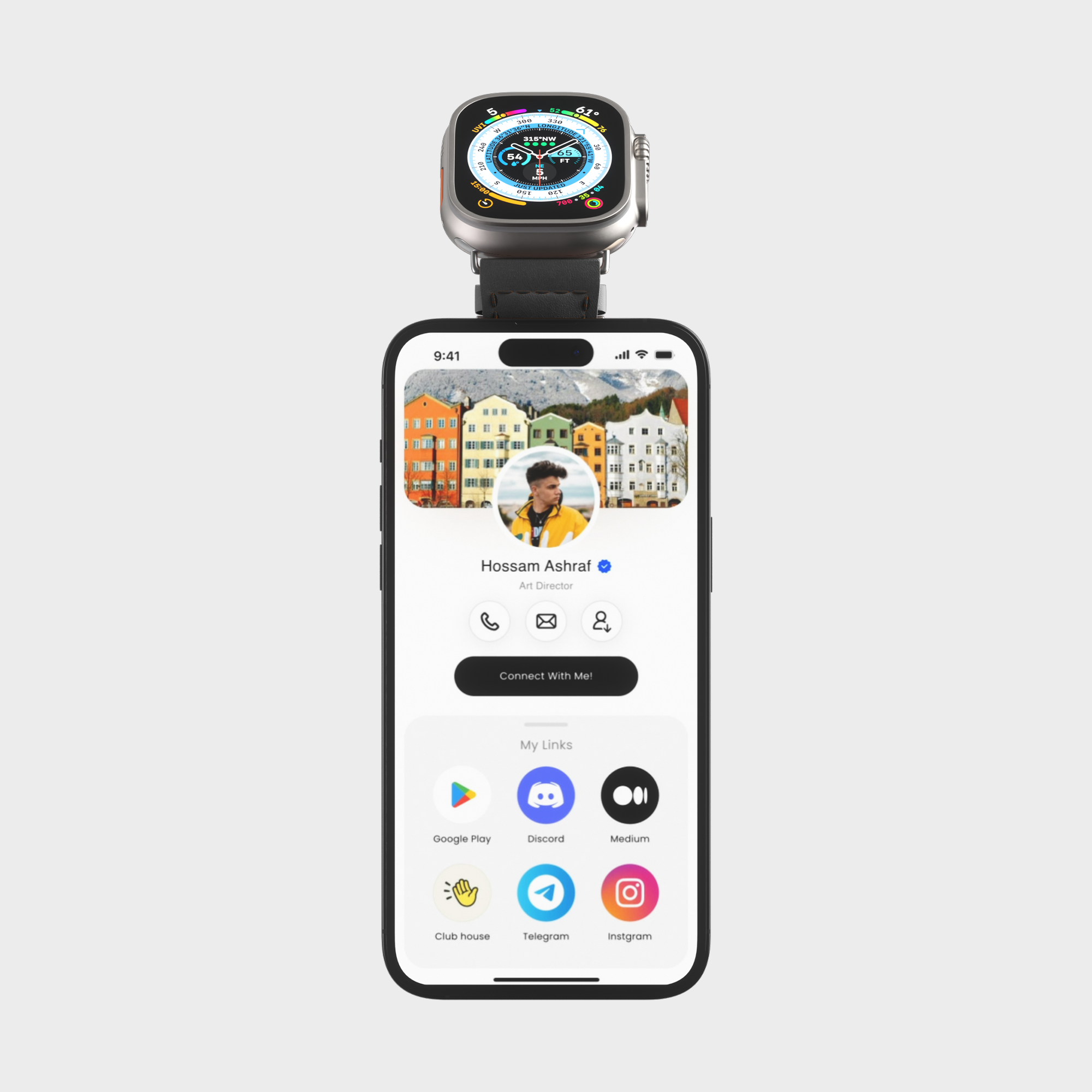 Smartwatch on top of a smartphone displaying a personal profile and social media links.