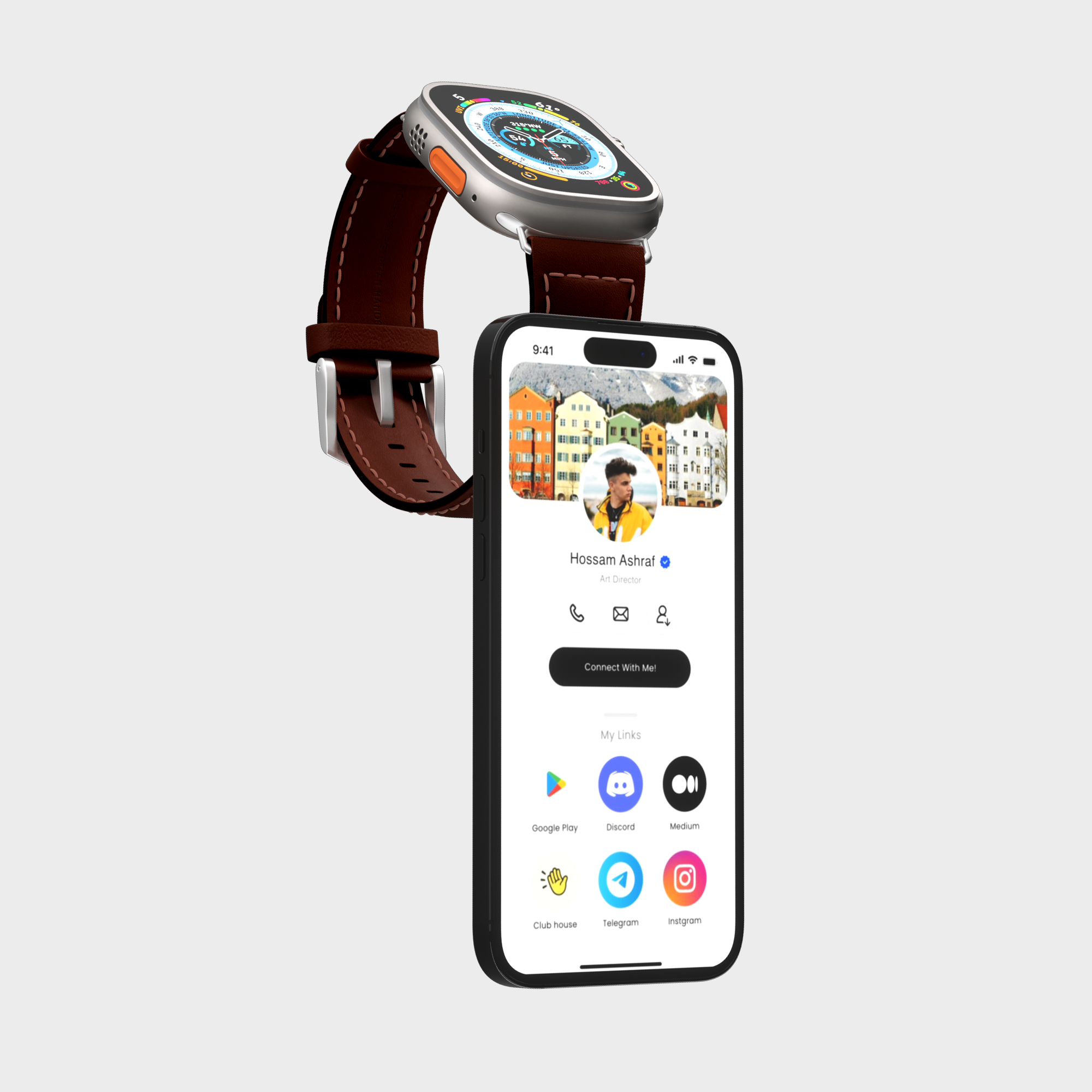 Smartphone with profile on screen and smartwatch with compass face, modern tech gadgets.