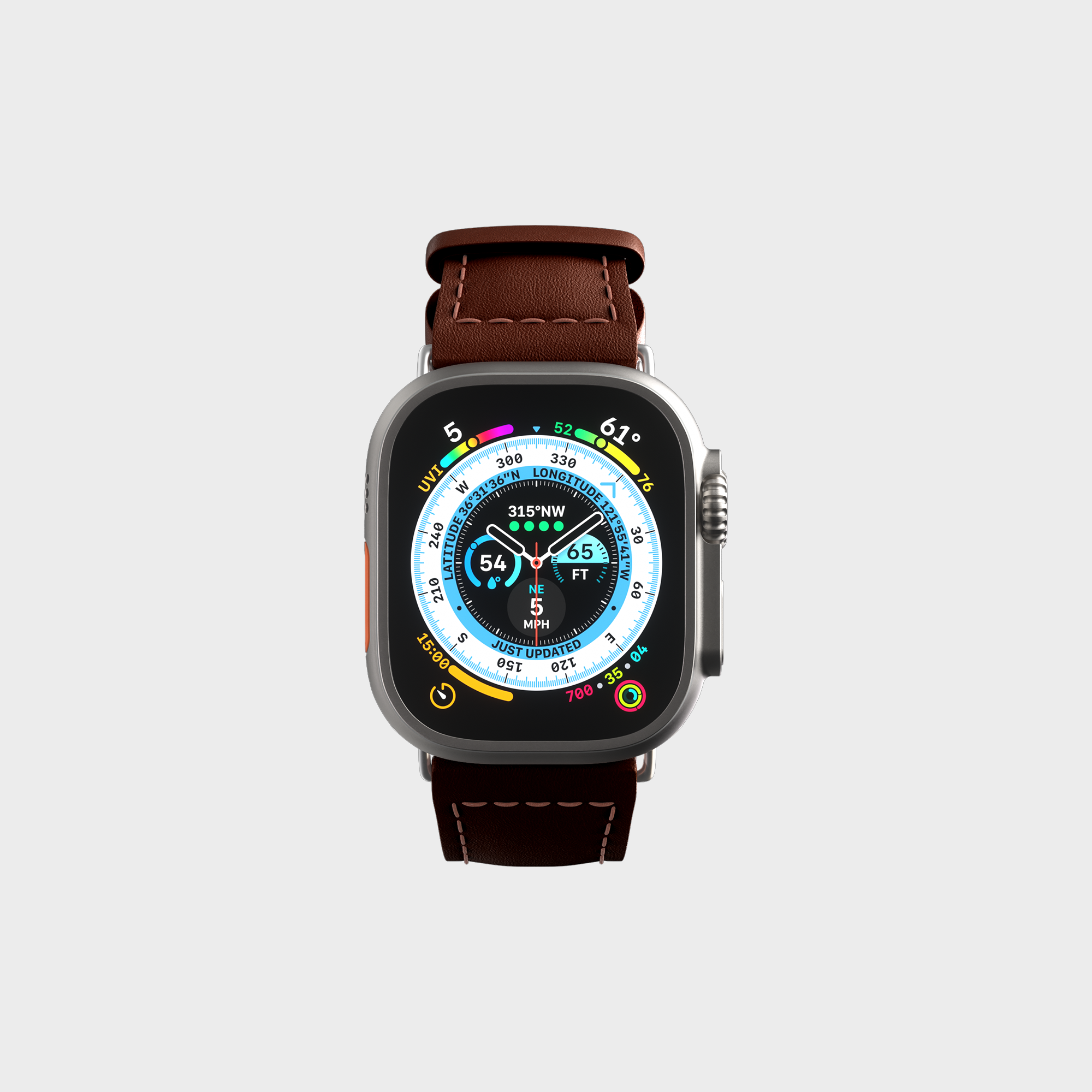 "Smartwatch with fitness tracking display and brown leather strap isolated on white background."