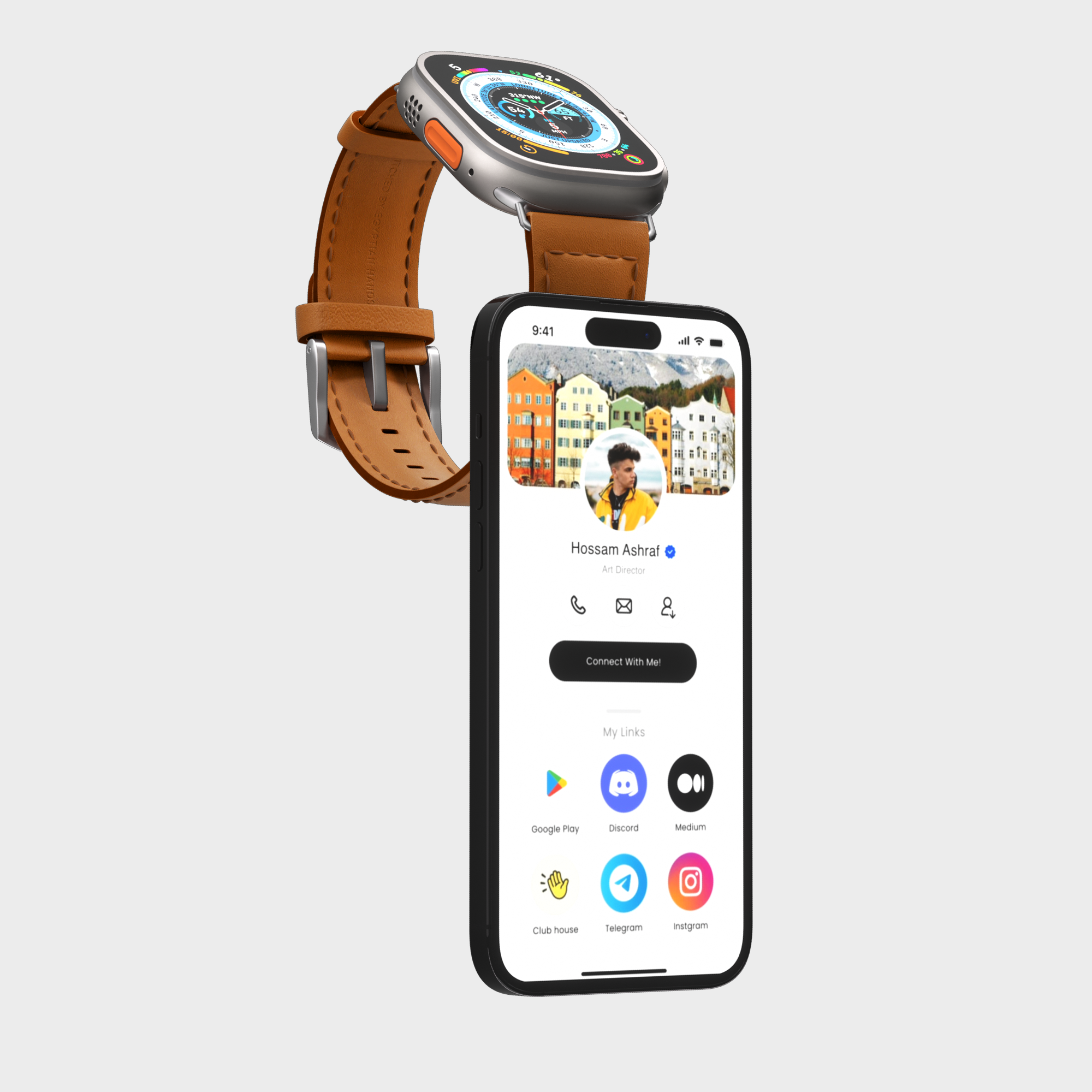 Smartwatch and smartphone displaying personal profile and apps on gray background.