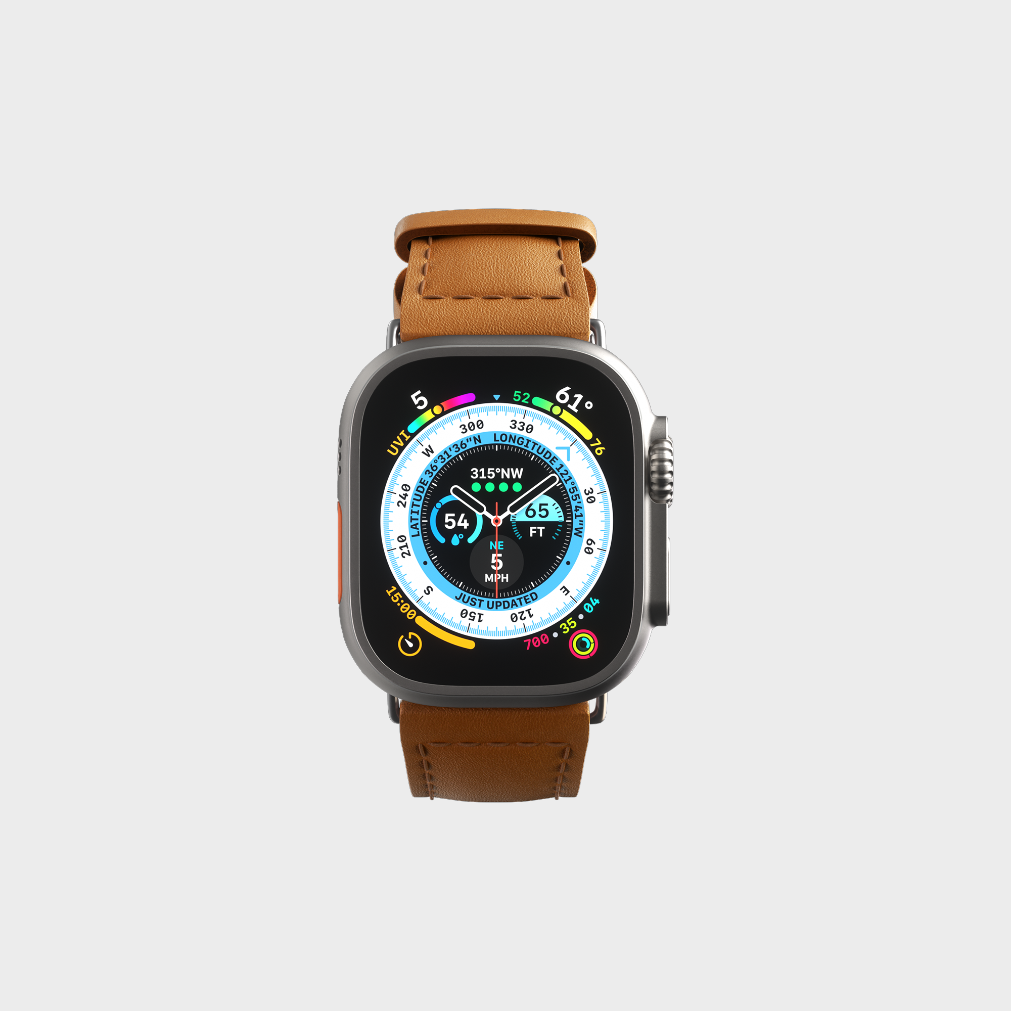 Smartwatch with tan leather strap and digital compass display on white background.