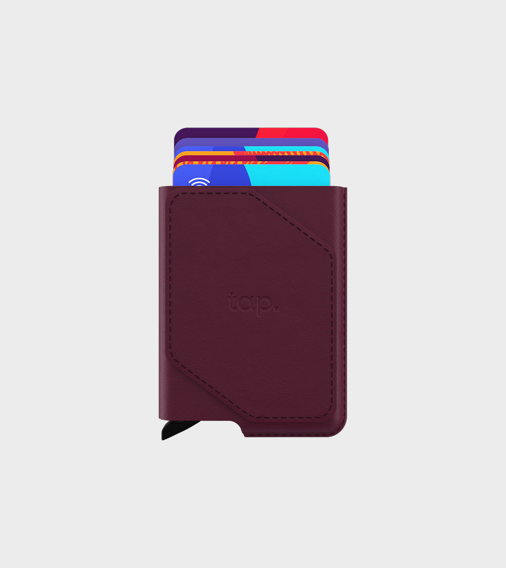 Compact burgundy cardholder with multiple cards, on a white background.