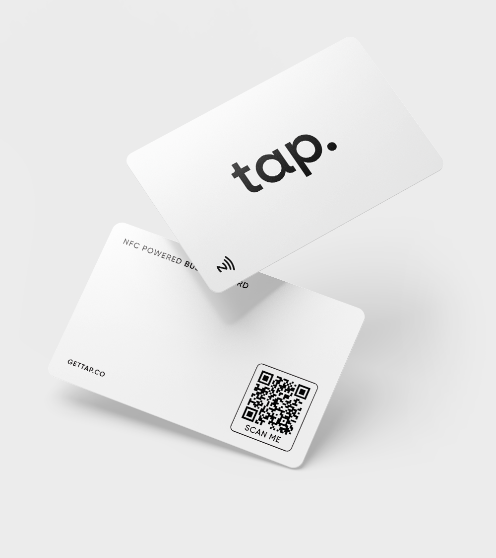 Stacked NFC business cards showing QR code and tap logo