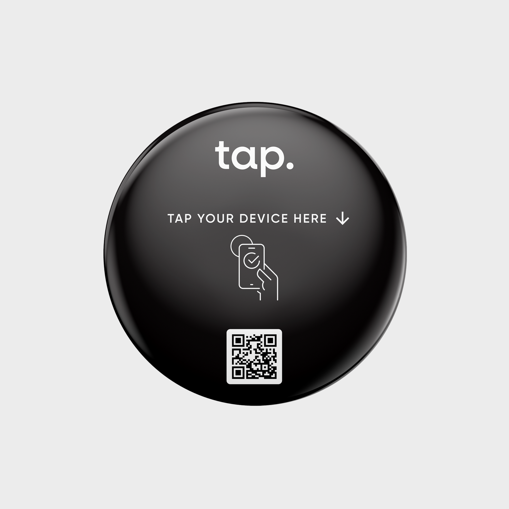 Black tap. sticker with NFC tag with QR code, device tapping icon, and text tap. TAP YOUR DEVICE HERE".