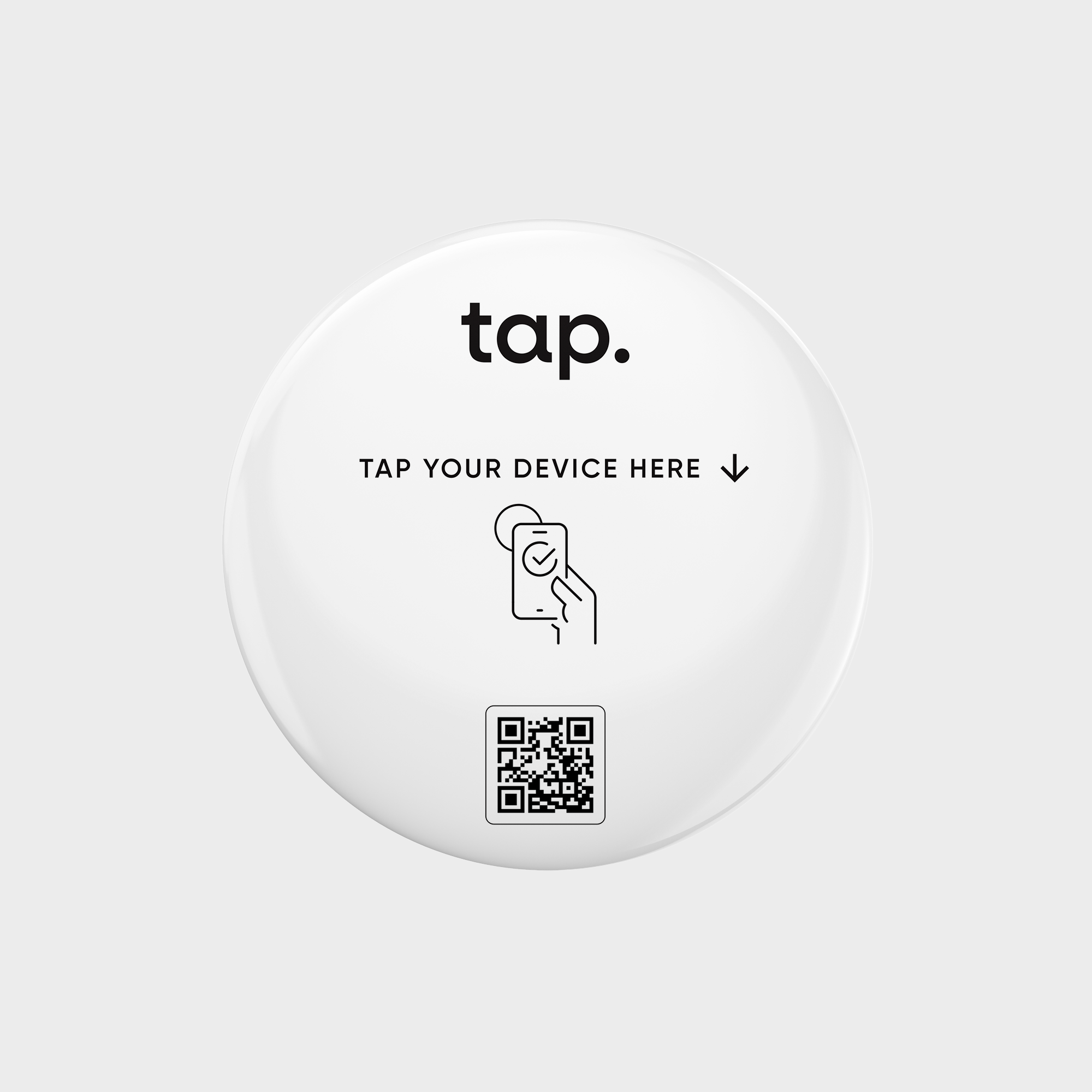 White NFC tag with tap." text, device tapping icon, and QR code for contactless interaction.