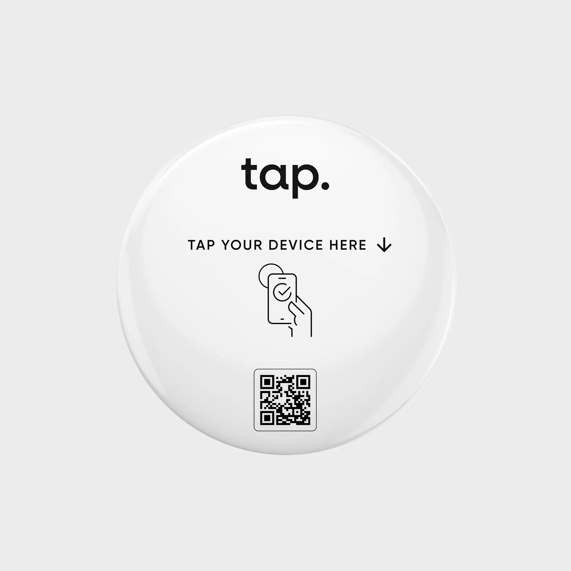 White NFC tag with tap." text, device tapping icon, and QR code for contactless interaction.