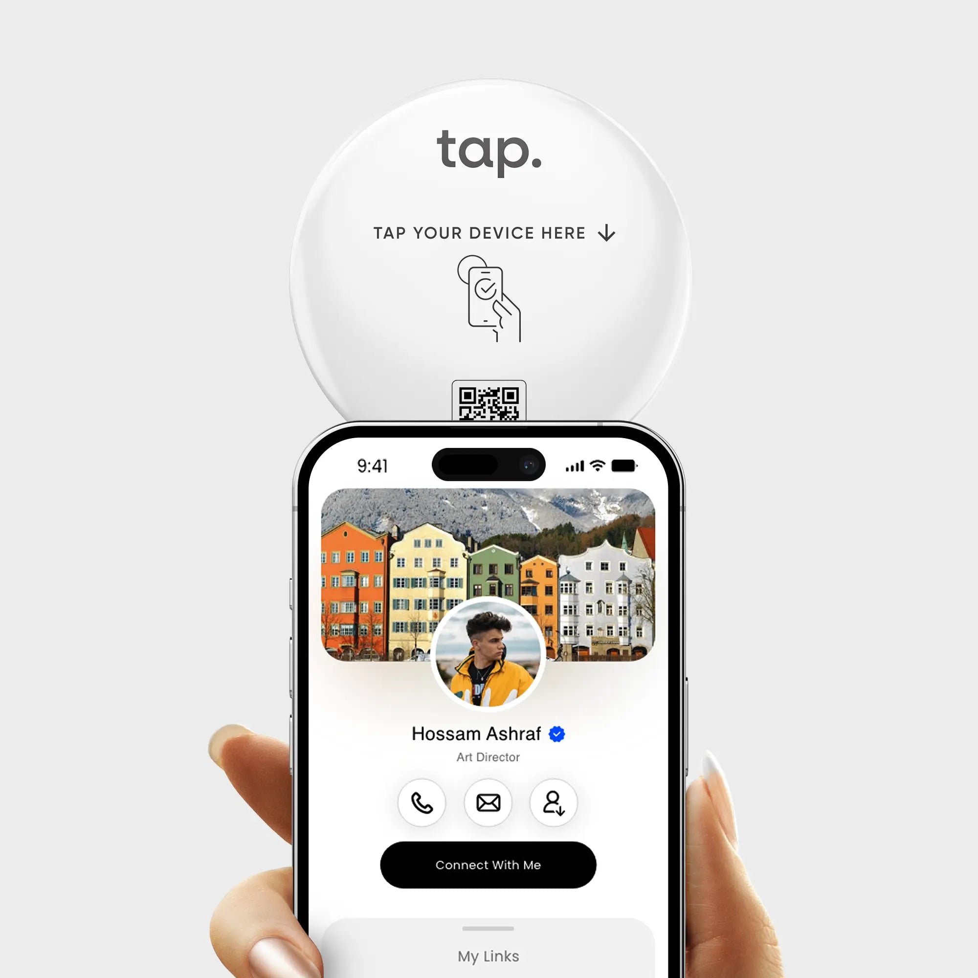 Hand holding smartphone with contact profile on screen tapping against digital NFC tag reader.