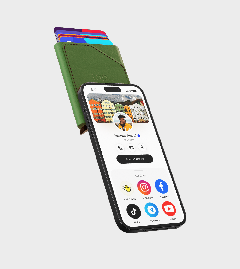 Smartphone with personal profile on screen and colorful digital wallet, highlighting social media connectivity features."