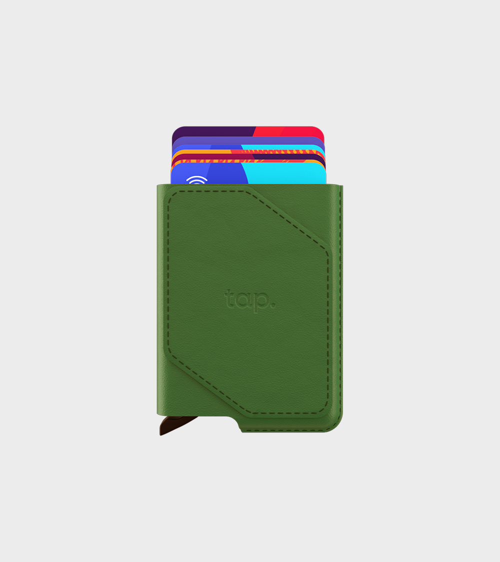 Green minimalist wallet with protruding colorful cards on a white background.
