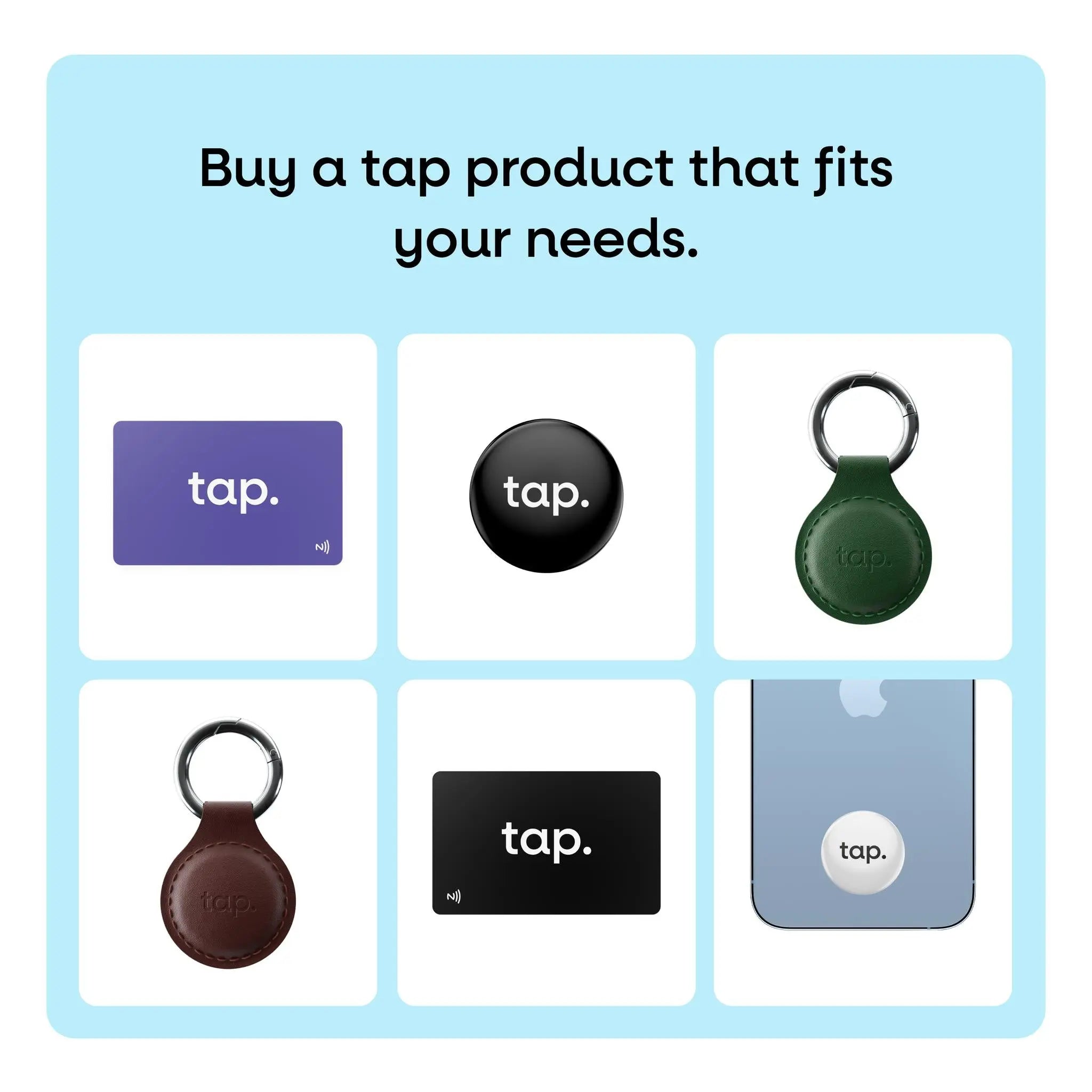 Multiple NFC embedded devices and business cards by tap., with text "Buy a tap product that fits your needs".
