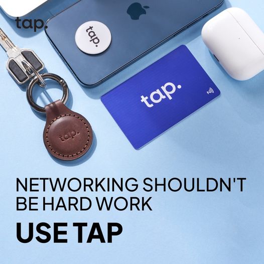 NFC Digital networking Tap products with smartphone, card, and keychain on blue background with text Use Tap".