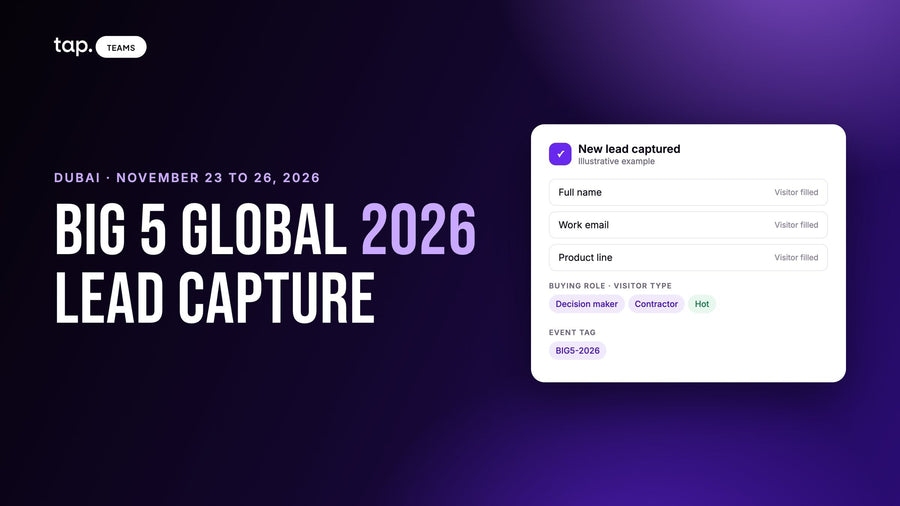 Big 5 Global 2026 lead capture for exhibitors, Dubai, November 23 to 26, with a Tap lead card example