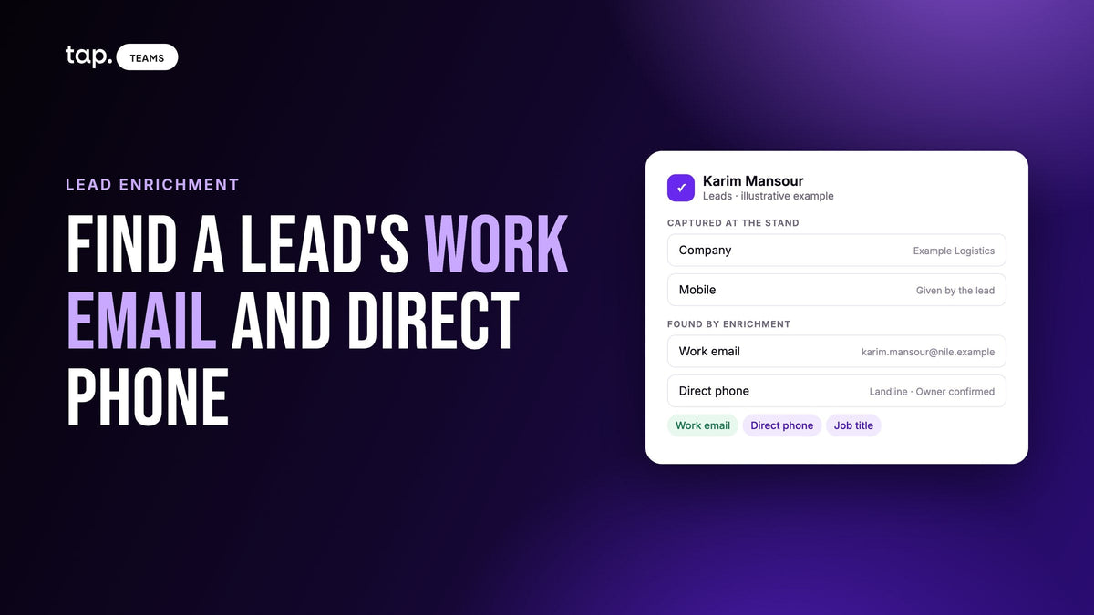 How to find a lead's work email and direct phone: details captured at the stand next to the work email and direct phone found by enrichment