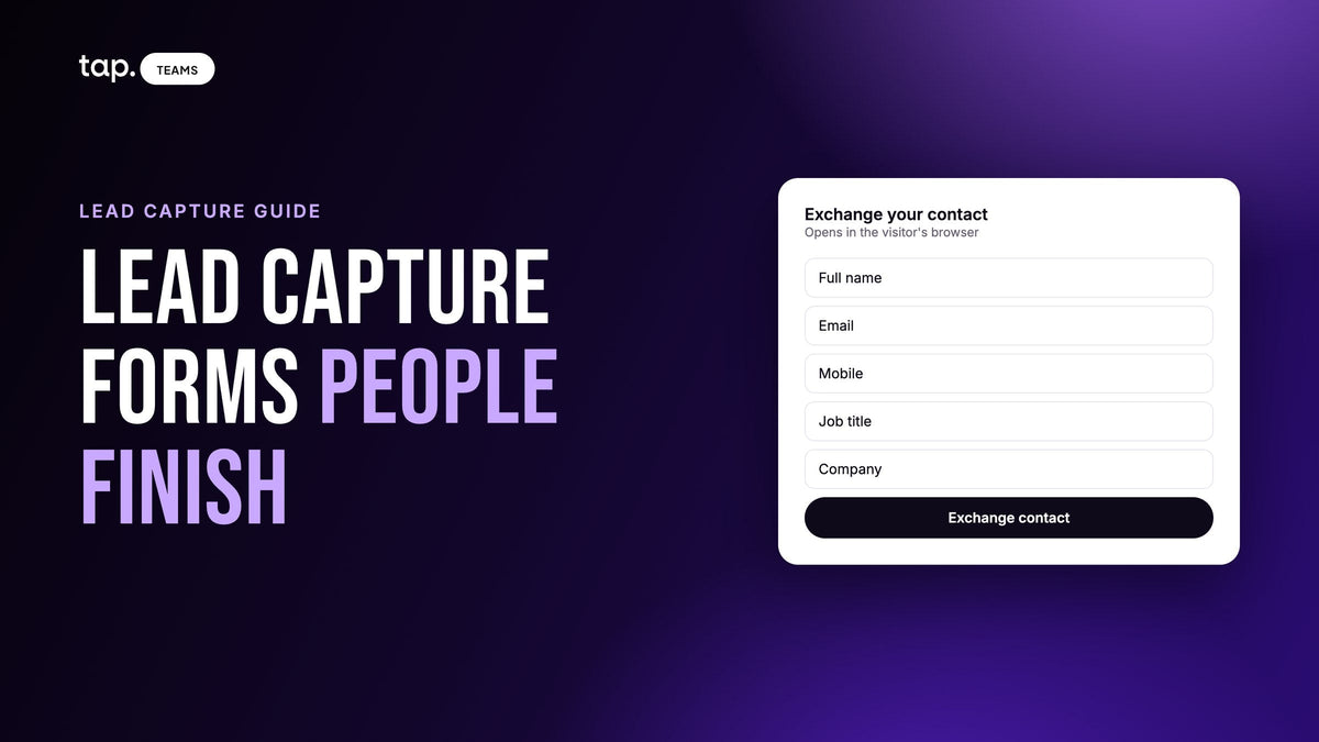 Lead capture forms people finish: a short event form with full name, email, mobile, job title and company