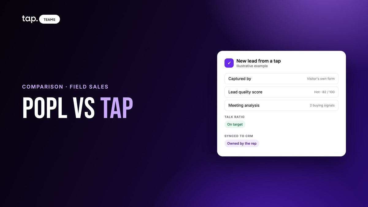 Popl vs Tap comparison for field sales teams, with a Tap lead card example