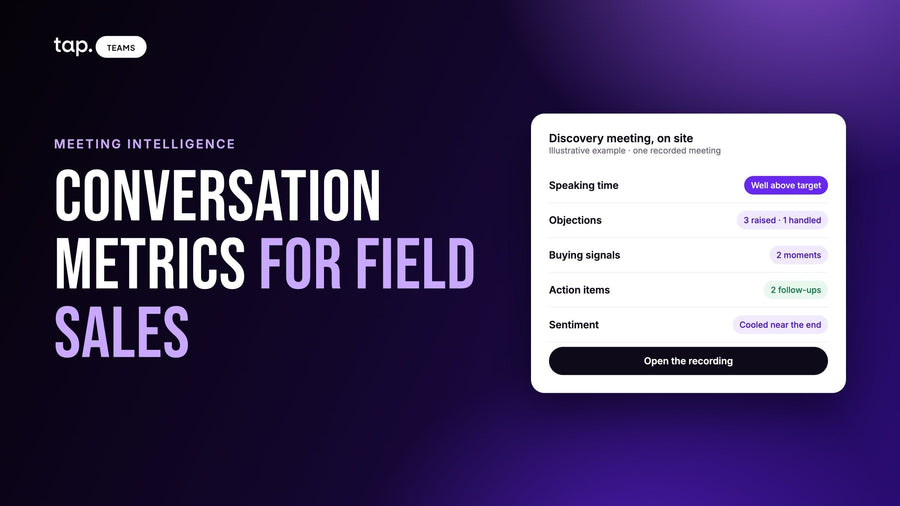 Sales conversation metrics for field sales: talk ratio, objections, buying signals and next steps from one recorded meeting