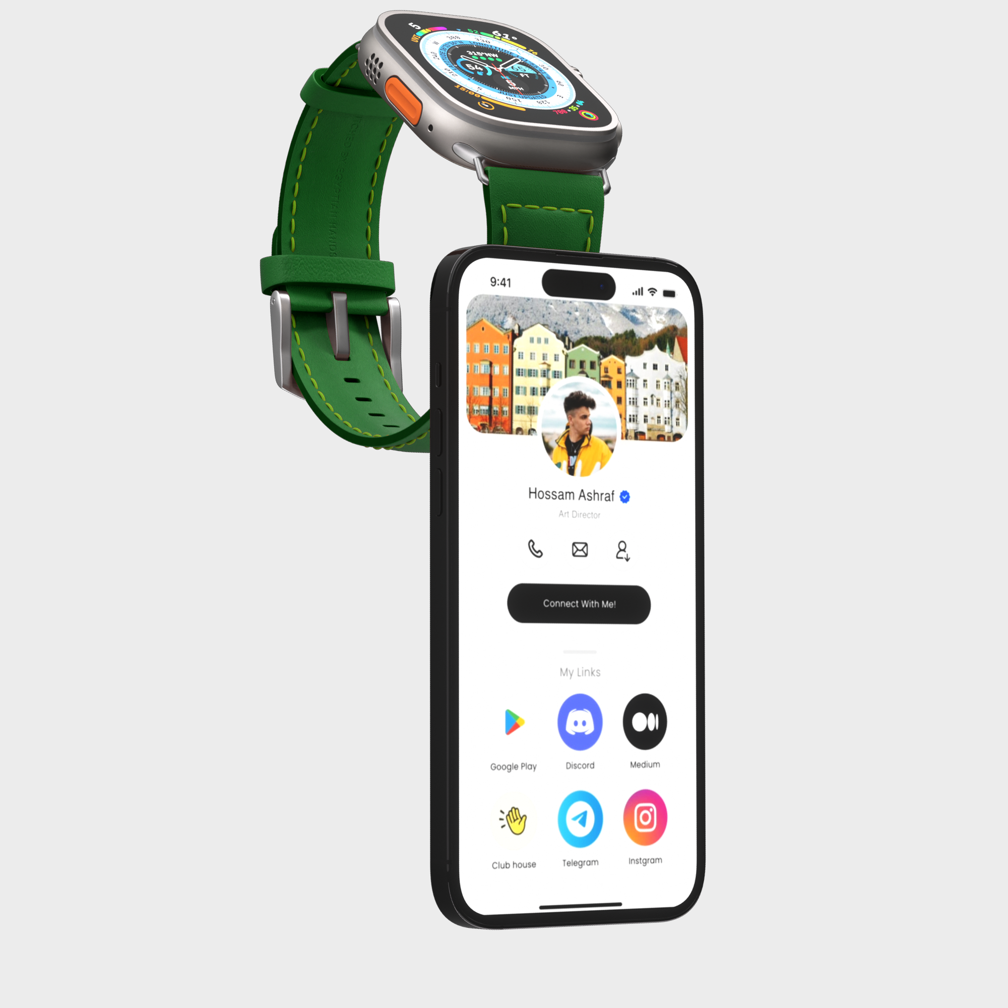 Smartwatch with green strap above smartphone displaying social media profile and apps on screen.