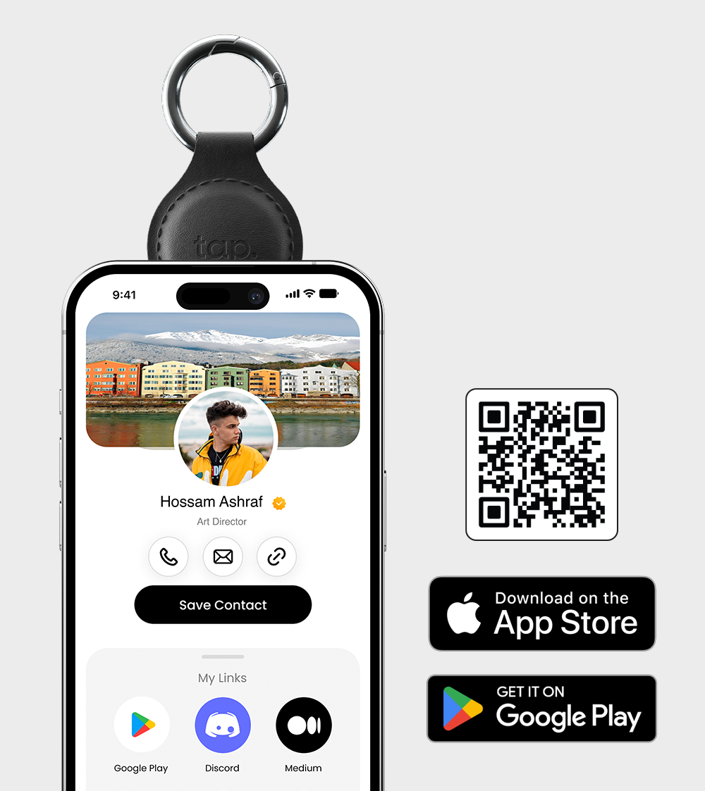 Smartphone with digital business card displayed, keyring attachment, and store download icons with QR code.