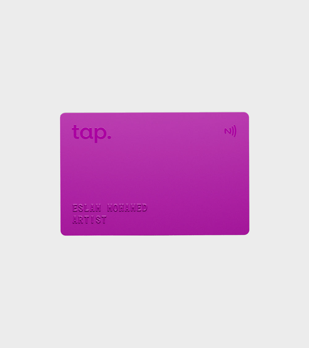 Modern purple business card with NFC technology and artist's name.