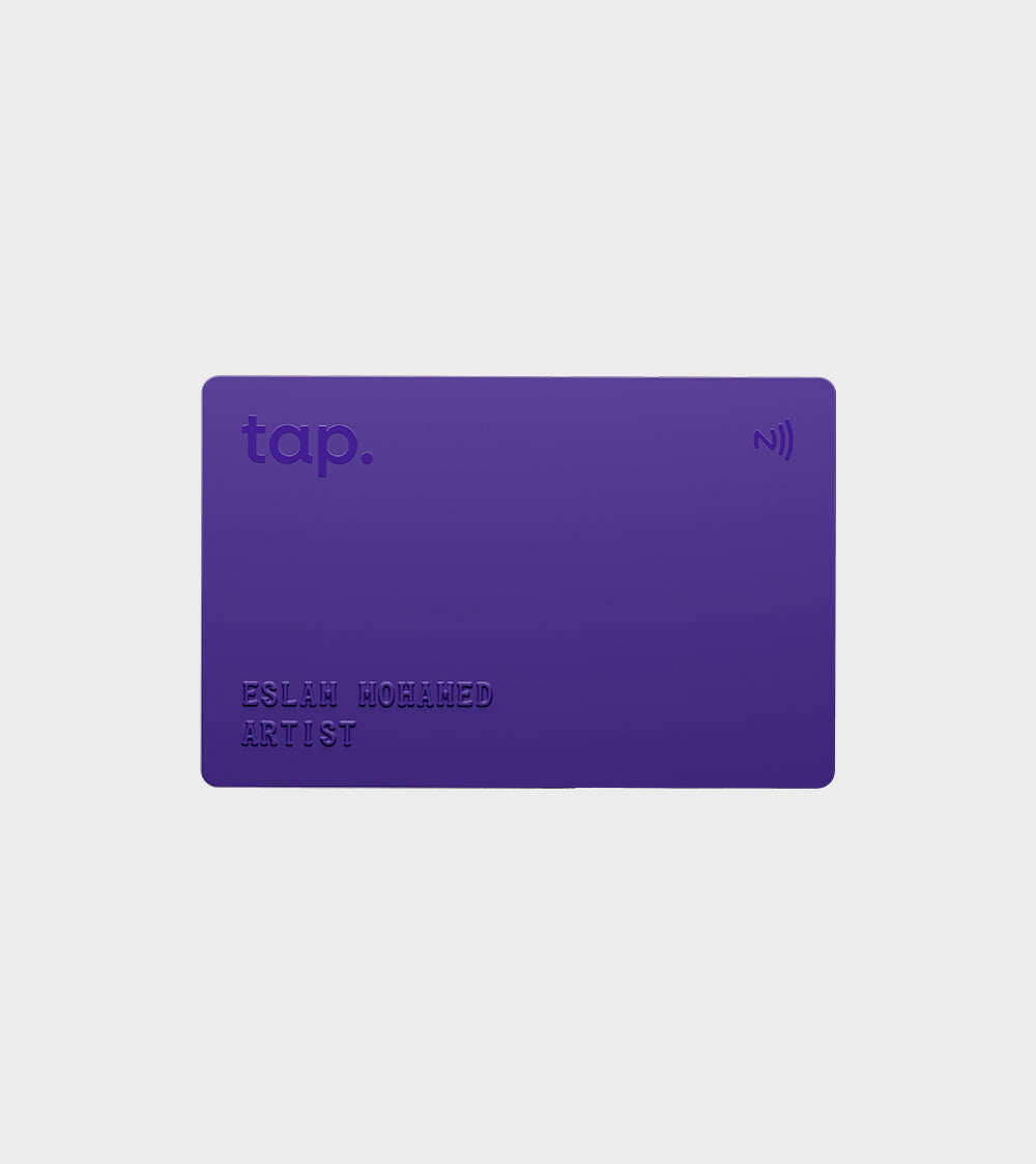 Purple NFC business card with contactless icon and 'Eslam Mohamed Artist' text on a white background.