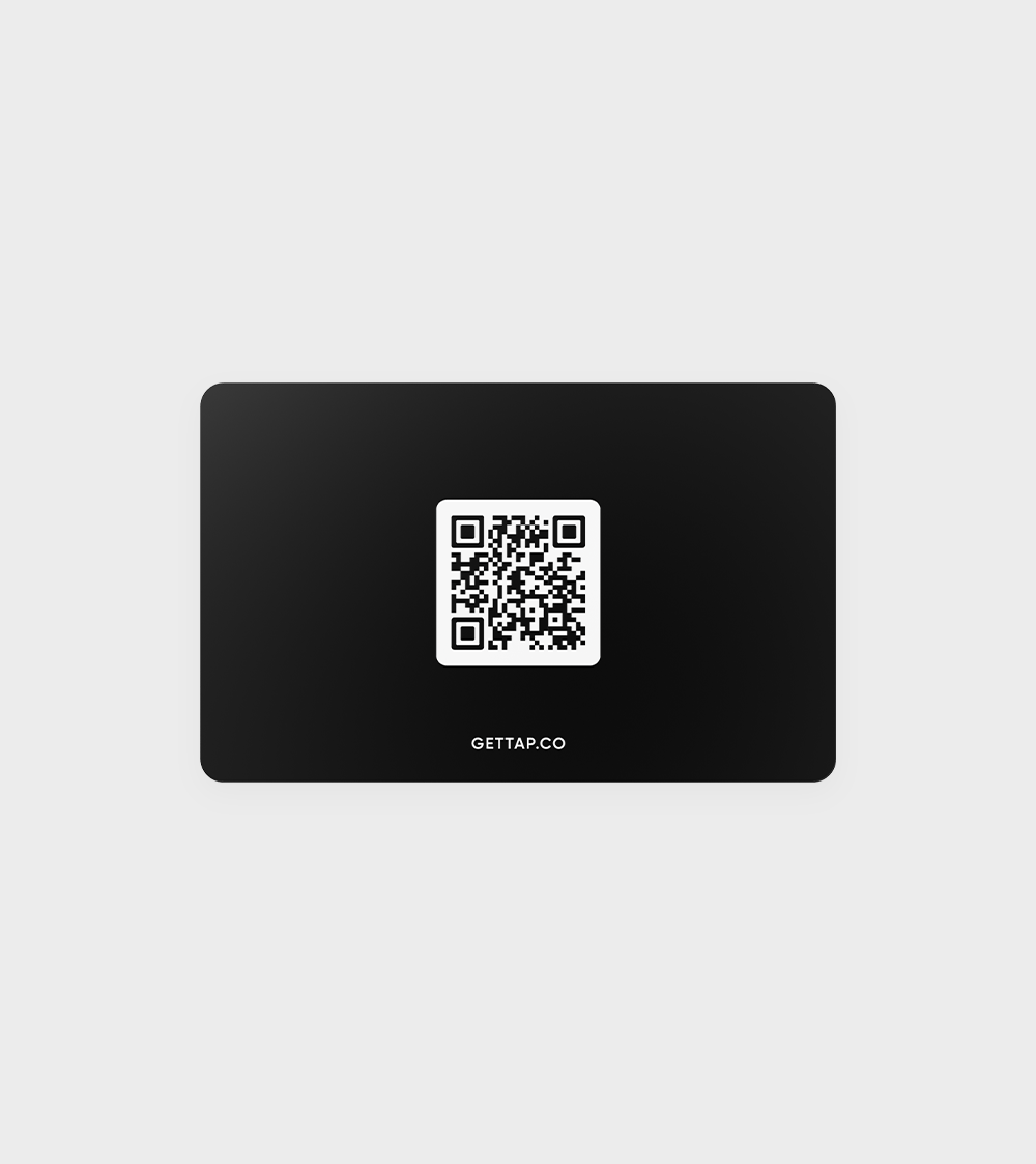 Black NFC business card with centered QR code and website URL 'GETTAP.CO' at the bottom.