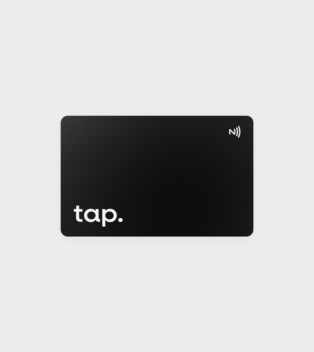 Black contactless NFC card with tap." text, illustrating modern payment technology.