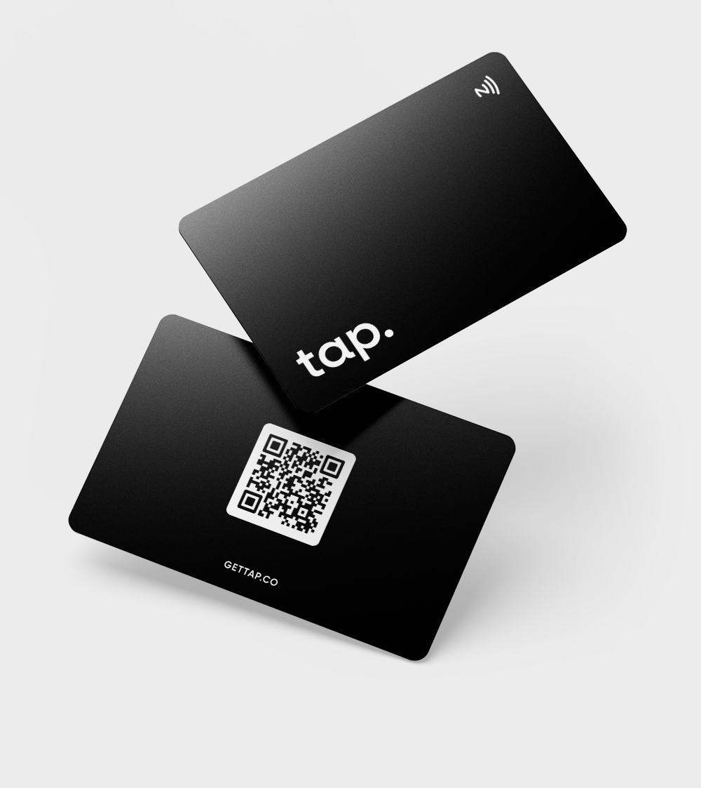 Two black contactless business cards with QR code and NFC icon, branded with tap."