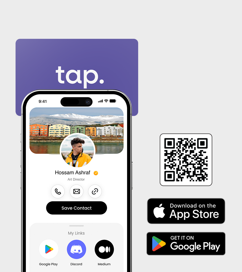 Smartphone displaying 'tap.' app profile with an NFC tap. card above and a QR code and app store download buttons.