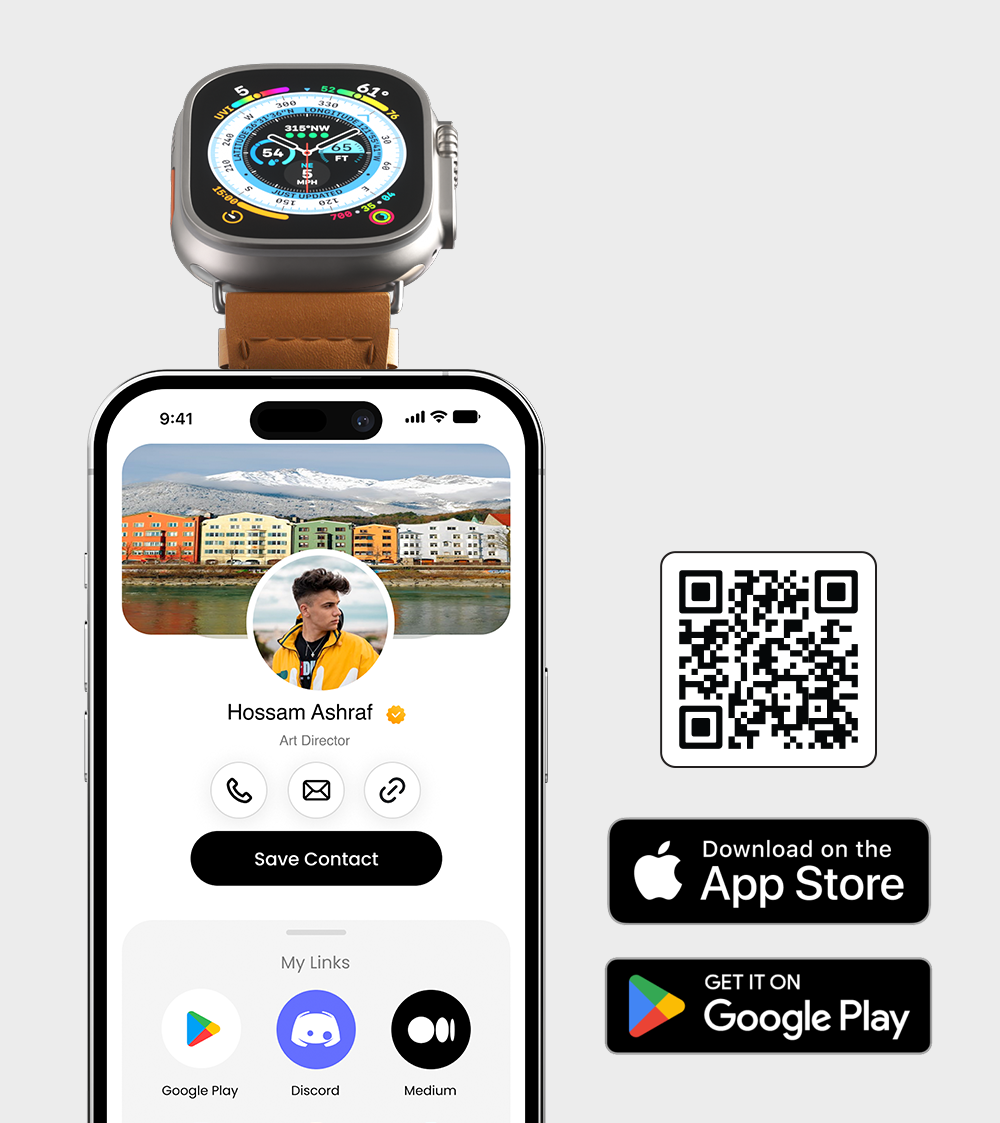 Smartwatch displayed atop a smartphone showing contact and app download options with QR code.
