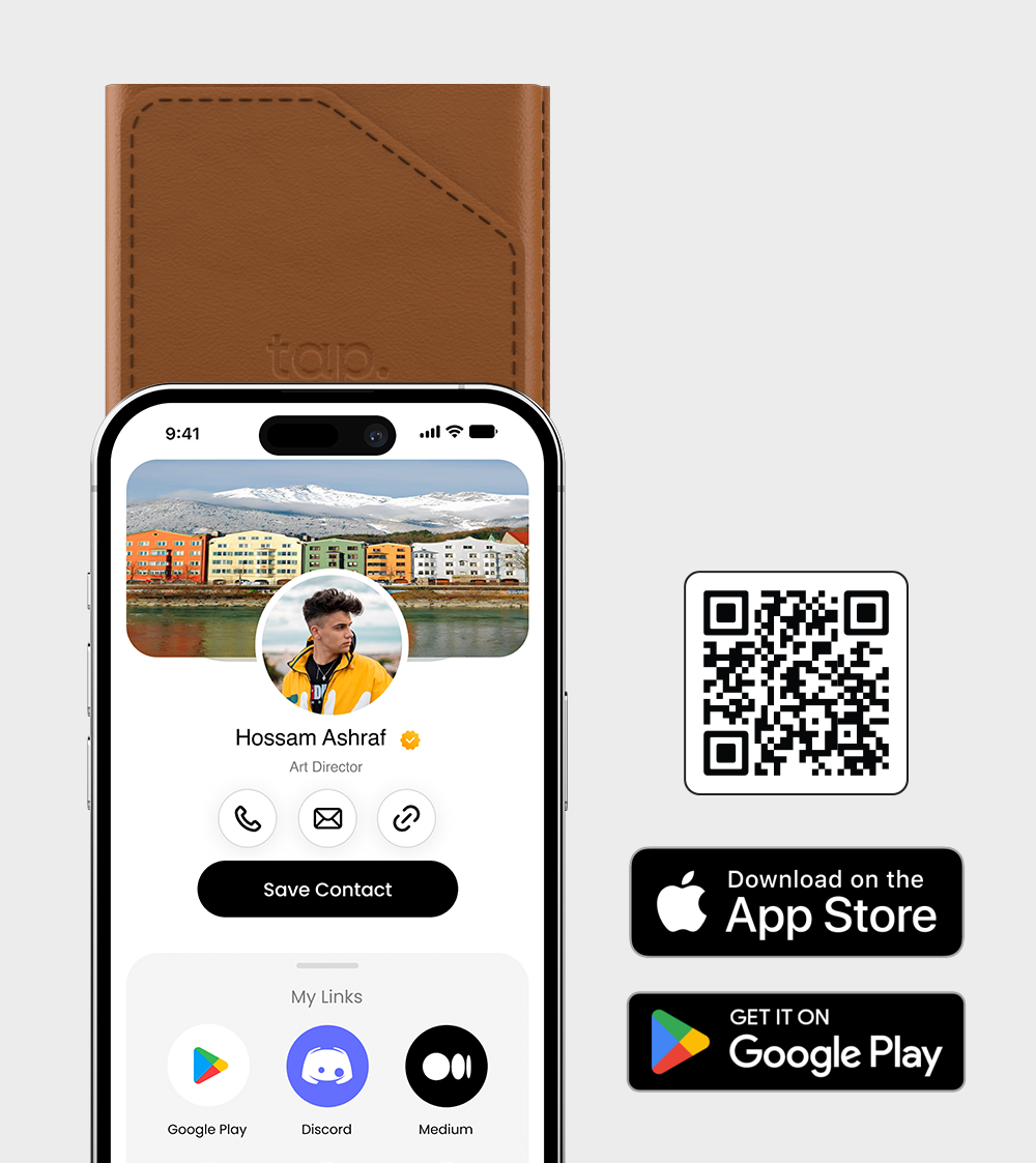 Smartphone screen displaying contact profile with QR code and behind it a brown leather wallet isolated on a white background