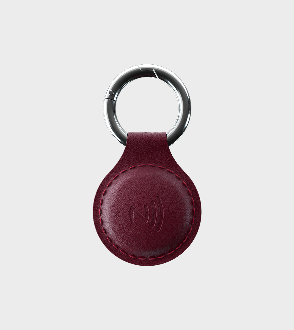 Red leather keychain featuring NFC symbol and metallic ring